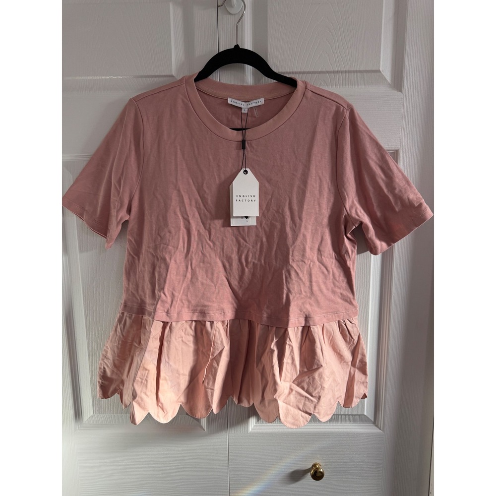 ENGLISH FACTORY Pink Scallop Trim Peplum Top Short Sleeve Crew Neck Women Size S - Picture 3 of 7